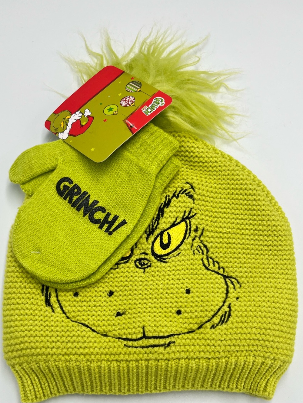 Dr. Seuss The Grinch Kids Pom Pom Beanie and Mittens Set - Lime Green